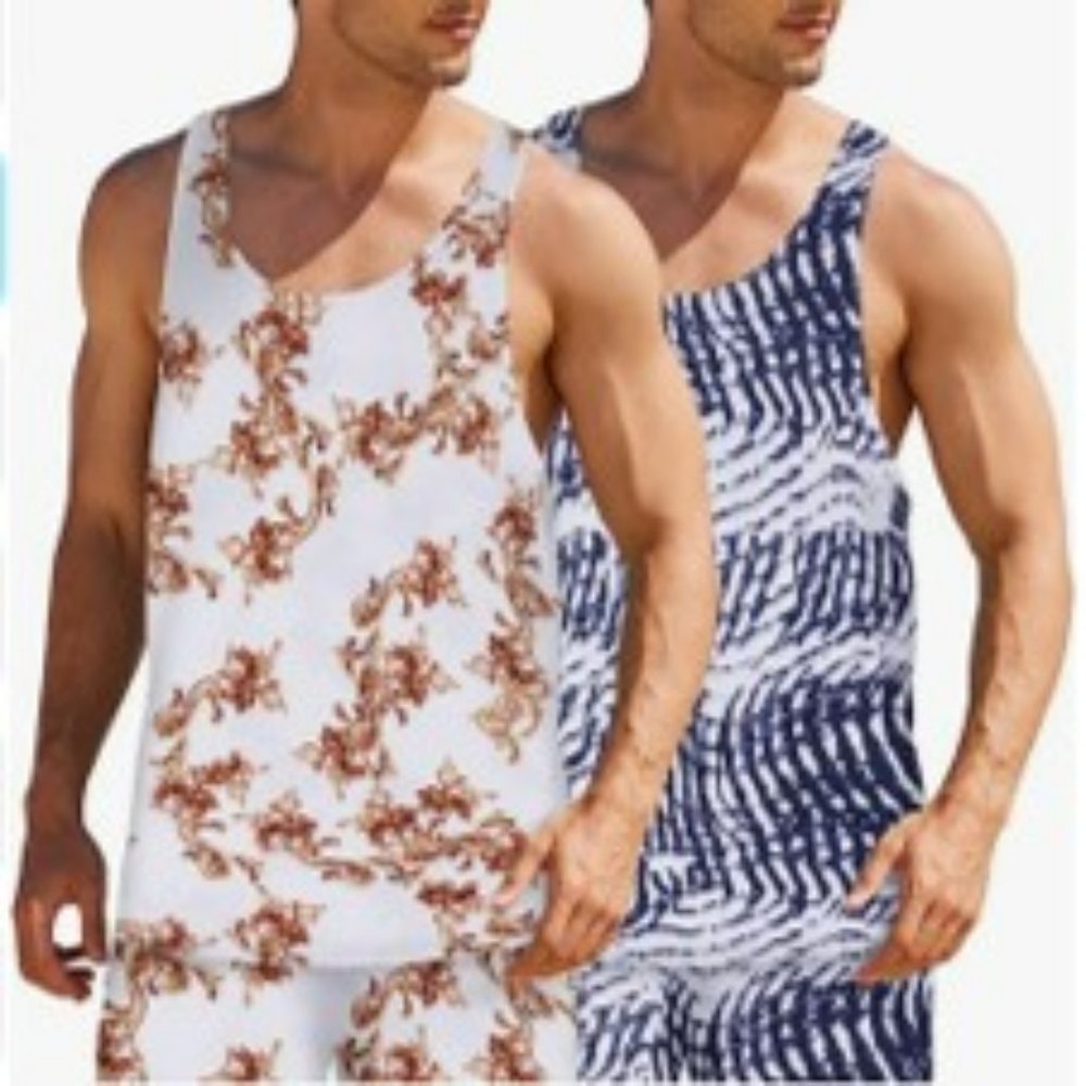 Men's Hawaiian Tank Tops Beach - Floral Sleeveless Shirts 2 PACK Novelty
